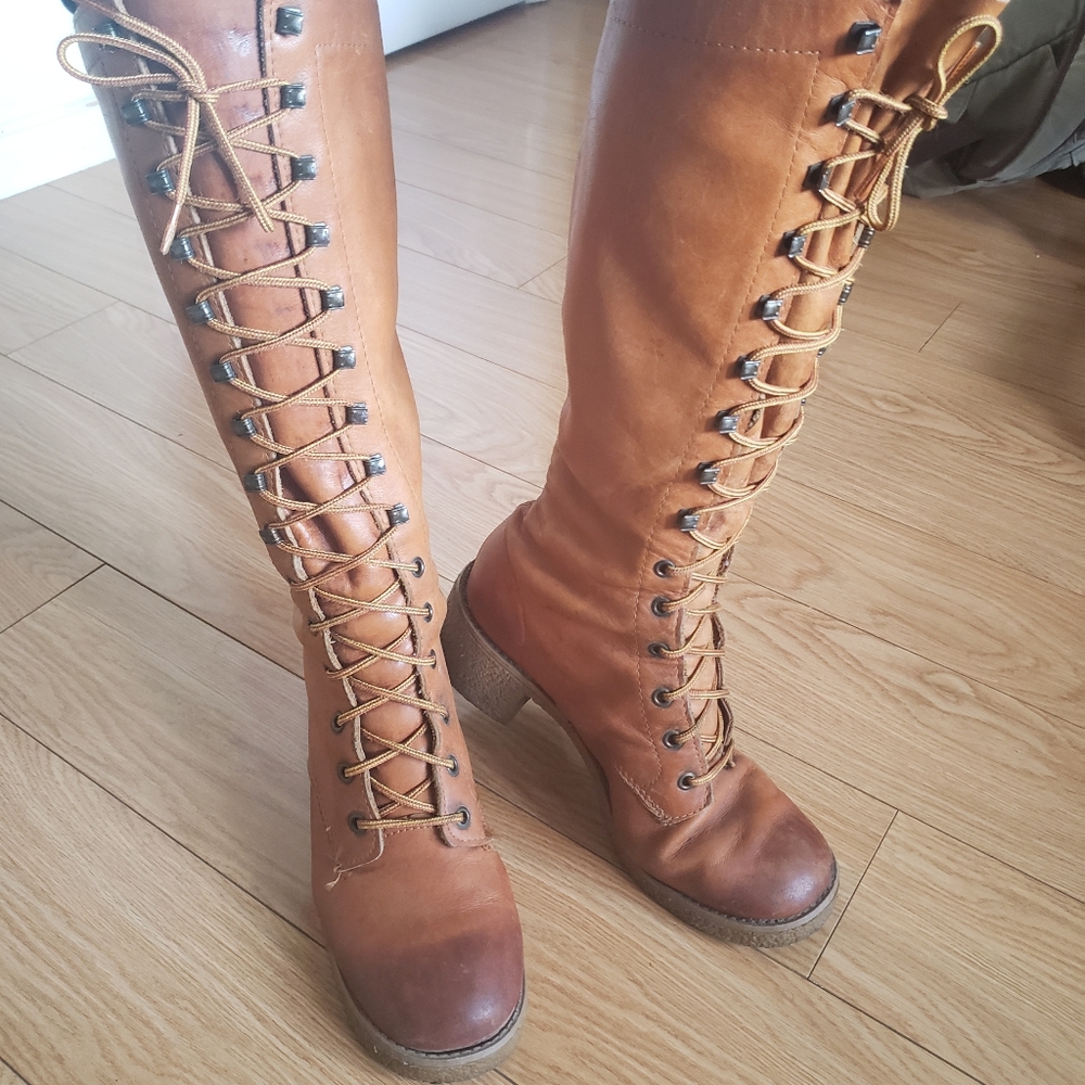 Brown Leather Lace Up Knee-high boots